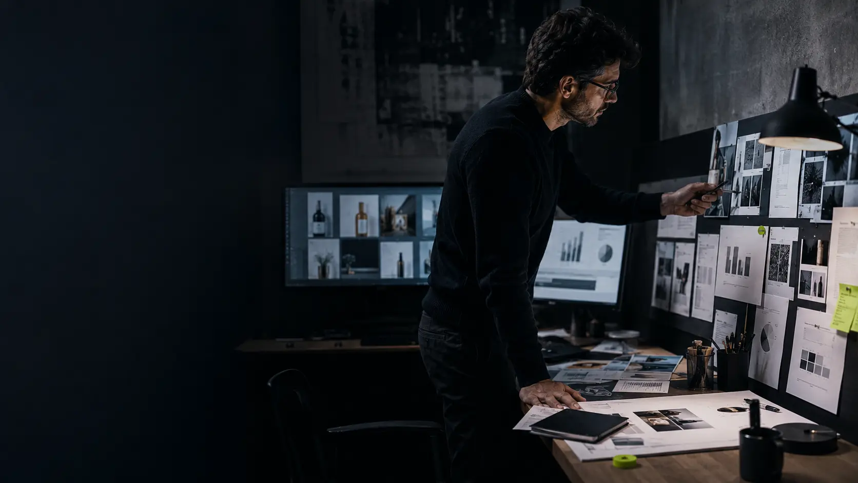 Analista creativo trabajando con anuncios, métricas e hipótesis