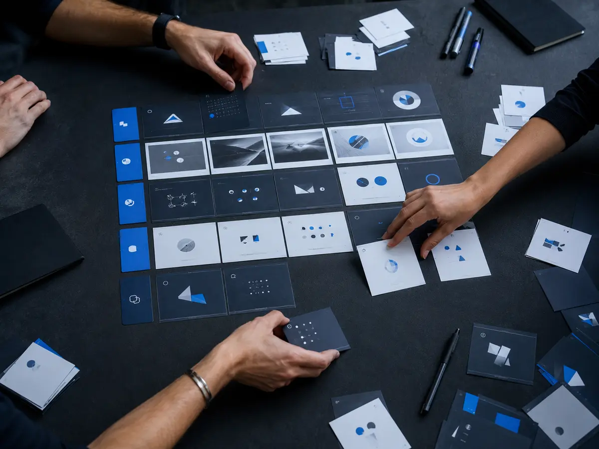 Equipo organizando una Creative Matrix sobre una mesa de trabajo